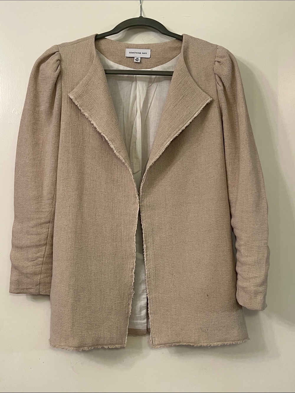 Something Navy Beige Open-Front Blazer with Frayed Trim